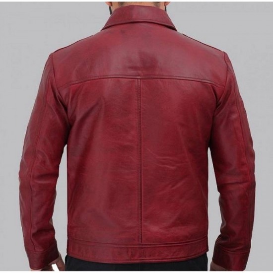 Reeves Mens Distressed Maroon Leather Jacket