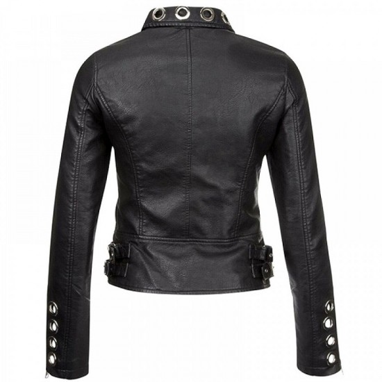 Unique Design Womens Real Black Leather Eyelet Moto Biker Jacket