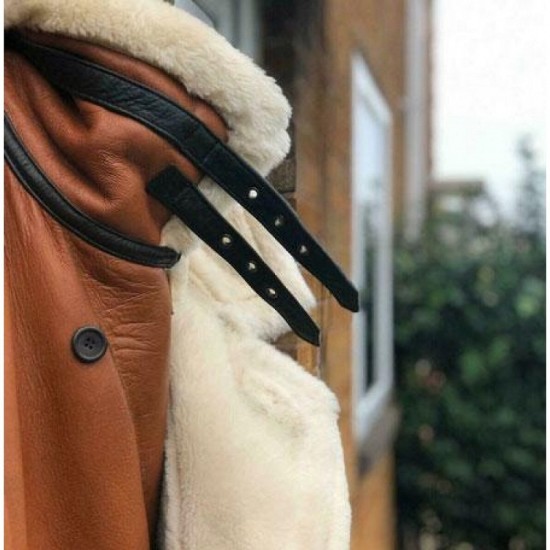 Winter Long Coat Real Sheepskin Leather Fur Vintage Brown Overcoat