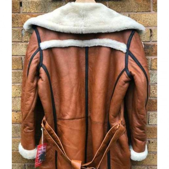 Winter Long Coat Real Sheepskin Leather Fur Vintage Brown Overcoat